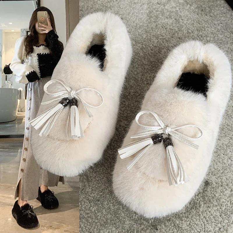 

Туфли женские на плоской подошве, мягкие кроссовки, лоферы, меховое платье, без застежки, с бантом, Повседневная зимняя обувь, без застежки, с...