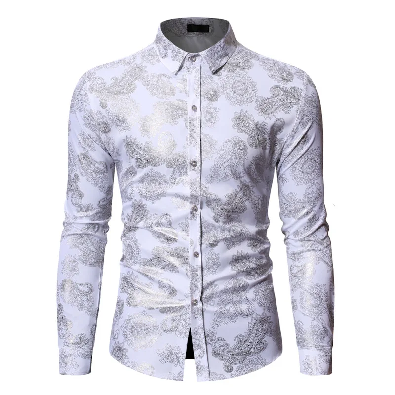 

White Paisley Shirt Men Camisa Masculina 2021 Fashion Mens Button Down Dress Shirts Slim Fit Long Sleeve Shirt Men Tuxedo Shirts