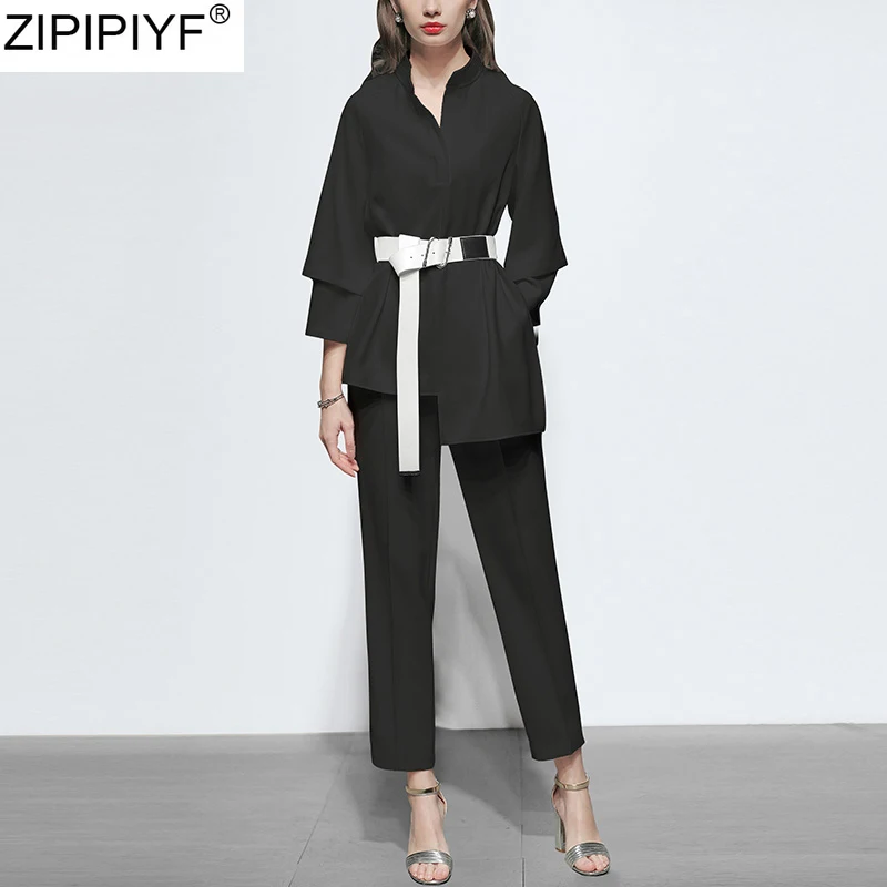 Женский костюм с рукавом 3/4 рубашка отложным воротником и брюки карандаш весна