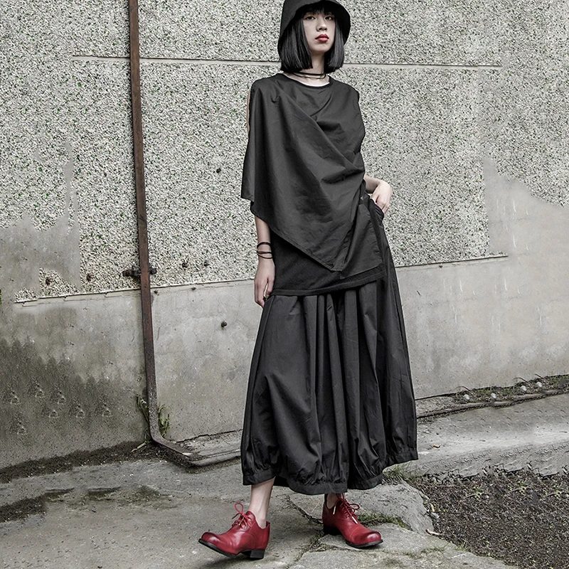 [EAM] Новинка 2021 года Сезон весна-осень Черные плиссированные свободные брюки с