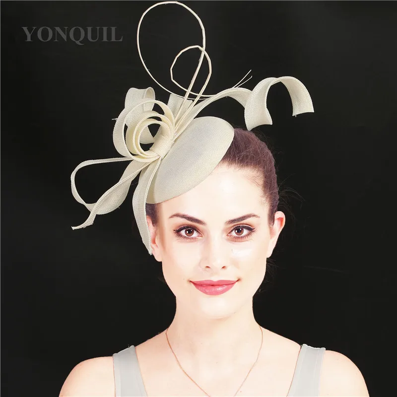 Champagne imitation sinamay fascinator ladies wedding hats royal floral with feathers headwear hair clips occasion church event