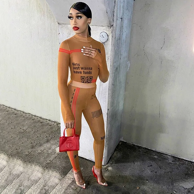 

Angels Secret Letter Print Mesh See Through Two Piece Sets Women 2020 Turtleneck Sexy Bodysuit And Pants Bodycon AG30292