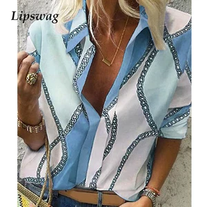 Женская блузка для отдыха Lipswag, осенняя офисная блузка с принтом цепи, стильная блузка с длинным рукавом размера плюс, 5XL