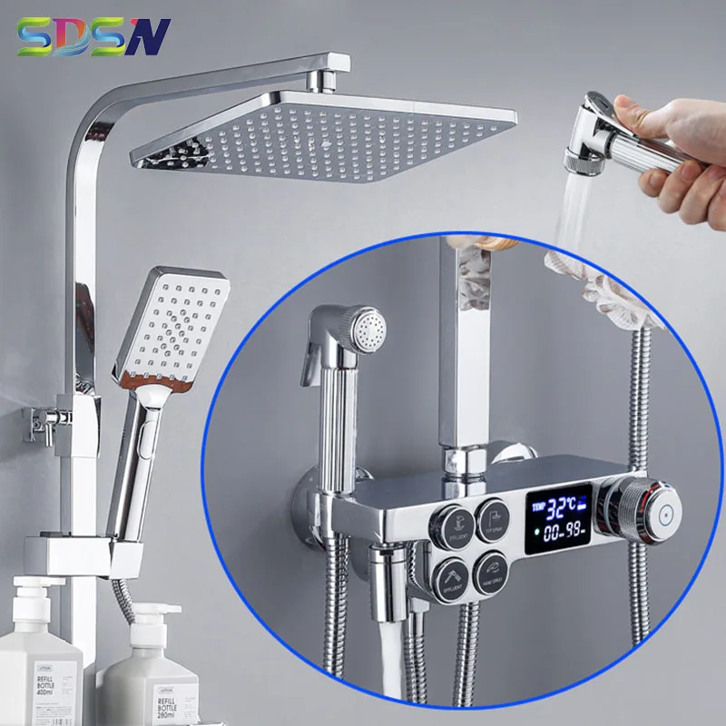 

Press Thermostatic Digital Shower Set Quality Polished Chrome Brass Bathroom Shower Mixer Faucet Head Chrome Digital Shower Set