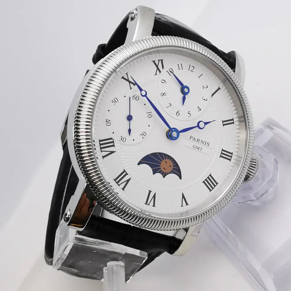 42 мм наручные часы Parnis с белым циферблатом кожаный ремешок чехол из нержавеющей