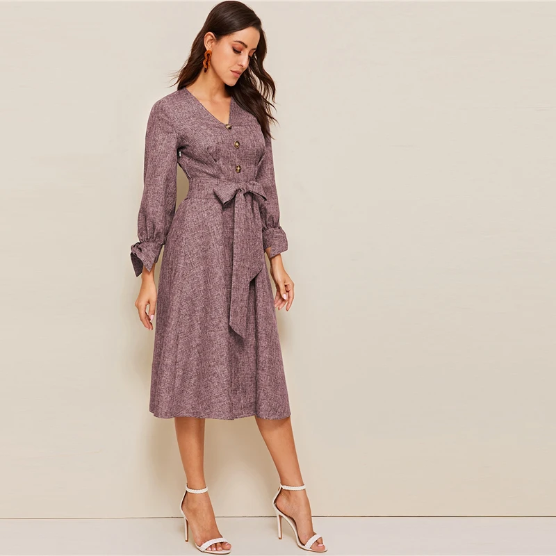 SHEIN летнее платье с v-образным вырезом на пуговицах и манжетах спереди, элегантное платье трапециевидной формы с бантом и высокой талией, коллекция года, весна-осень