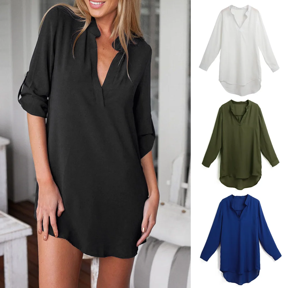 

Women Blouse Shirt Sexy V Neck Pockets Long Sleeves Asymmetrical Solid Casual Long Blouse 4XL 5XL Plus Size Tunic Tops Blusas