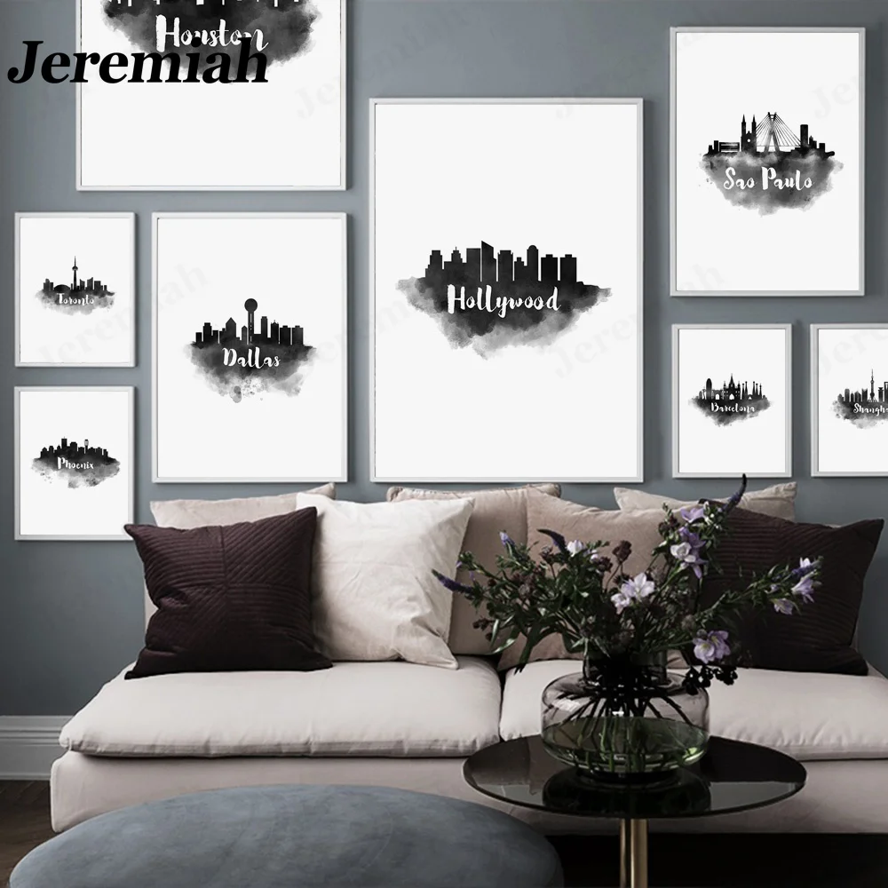 

Nordic Black and White Watercolor City Canvas Poster Barcelona Dubai City Skyline Wall Art Living Room Decoration Frameless