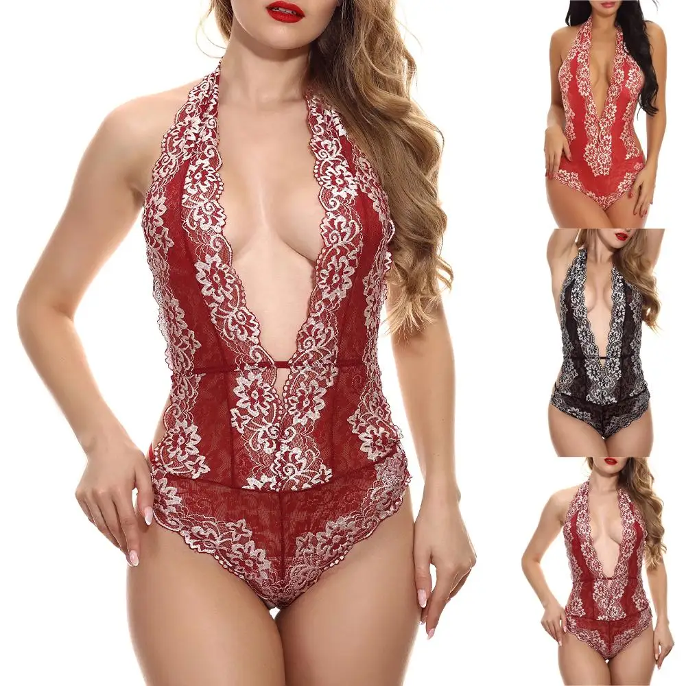 

Женское сексуальное нижнее белье с глубоким V-образным вырезом, кружевная Слитная ночная рубашка с вышивкой, облегающая Пижама