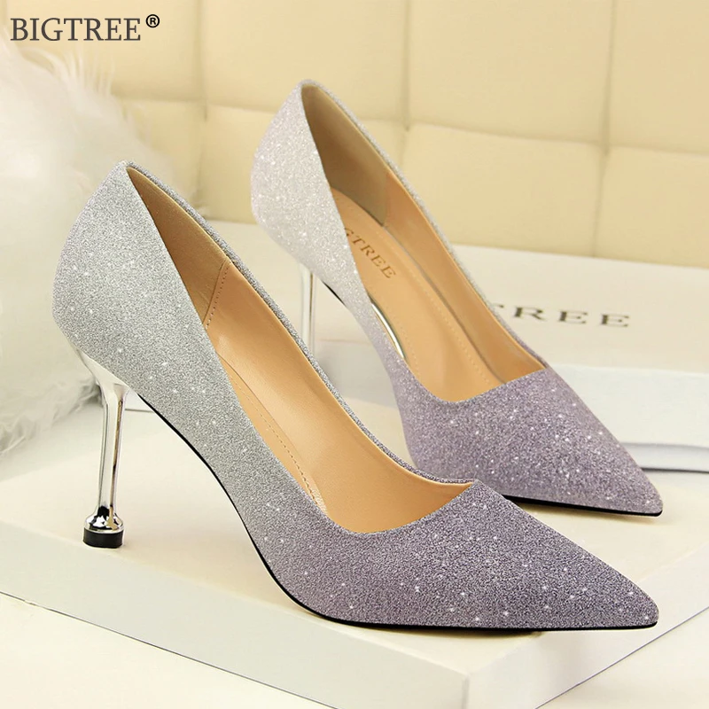 BIGTREE/Женская обувь на высоком каблуке Фиолетовые туфли лодочки с градиентом 2020