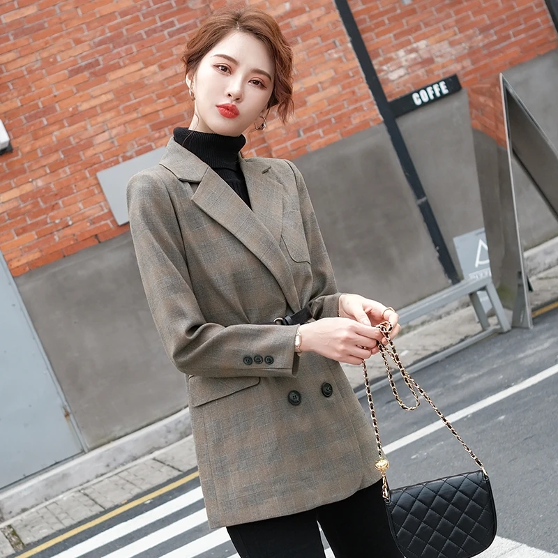 Женский двубортный блейзер в клетку темно зеленый и коричневый пиджак Корейском