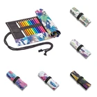 Цвет с узором в виде перьев рулон Карандаш Чехол 1224364872 отверстия Студенческая парусиновая сумка для хранения школьных рисунков Arting для канцелярских принадлежностей мешок