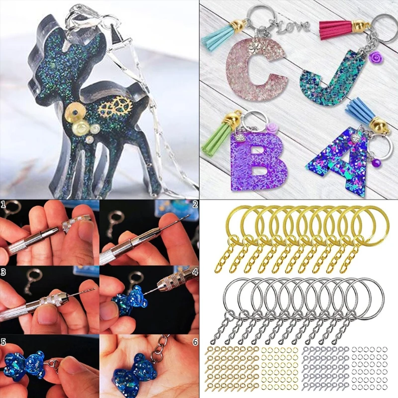 

220 Pcs Key Ring with Chain Jump Rings Screw Eye Pins Set for Resin DIY Crafts