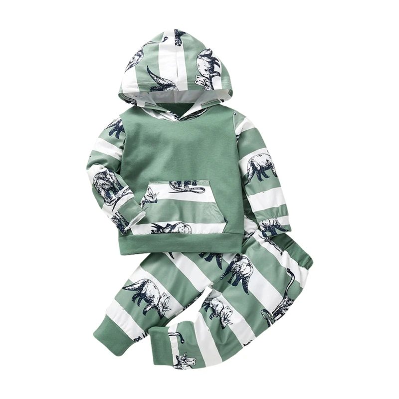 

Bobora Autumn Fall Spring Hooded Sweatshirt Long Pants Fashion Boys Casual Dinosaur Print Set