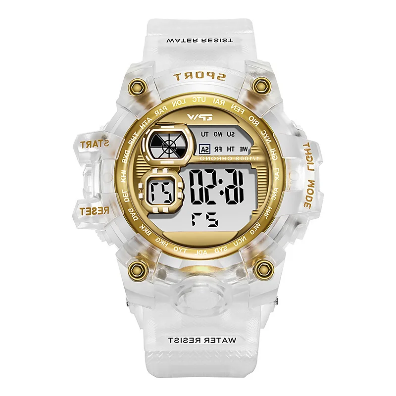 

Female mode digital watch Transparent color jam 5atm to proof dwaterproof water led back chrono alarm sport younng student