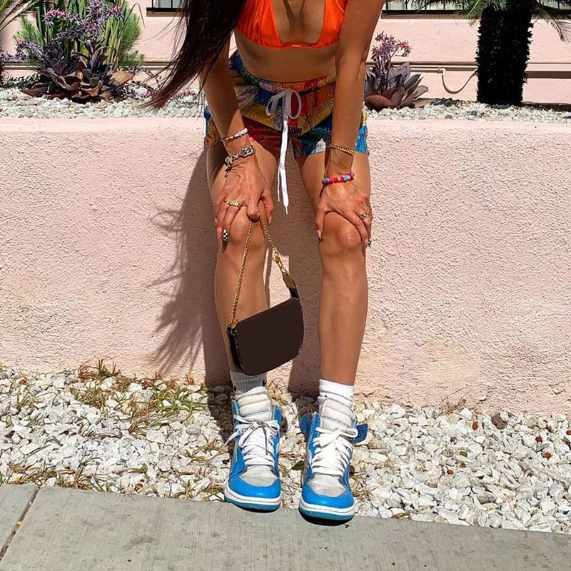 

CIBBAR Fashion Printing Casual Shorts Women Summer High Waist Loose Lace Up Elastic Short Pants 2021 Streetwear Female Clothing