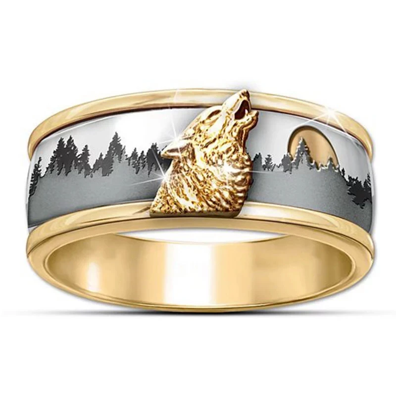 

New Design Deep Forest Wolf Ring Animal Alloy Knuckle Ring Gold Silver Colour Fashion Mens Band Jewelry Party Gift