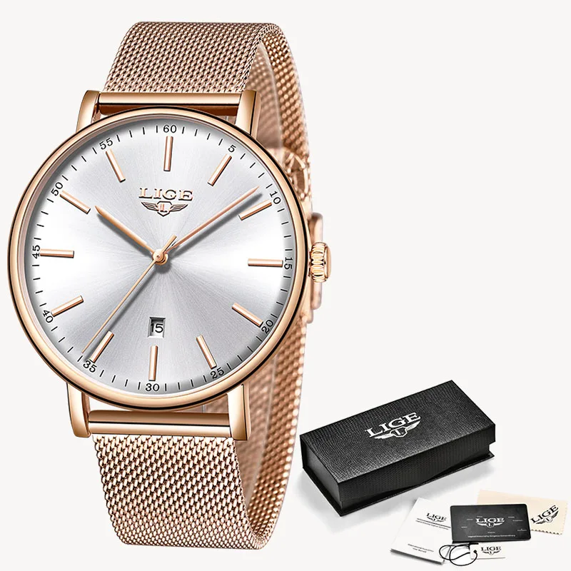 Rose gold white LIGE список женские часы из розового золота кварцевые часы женские роскошные Брендовые женские часы для девочек Relogio Feminino+ коробка - Цвет: Rose gold white