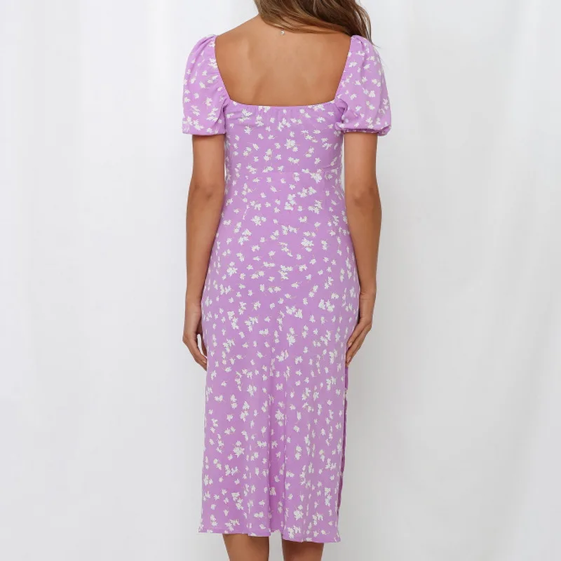 

Women Dresses Summer 2021 Sexy Bow V Neck Floral Print Boho Beach Long Dress Short Puff Sleeve A Line Wrap Sundress Robe Vestido