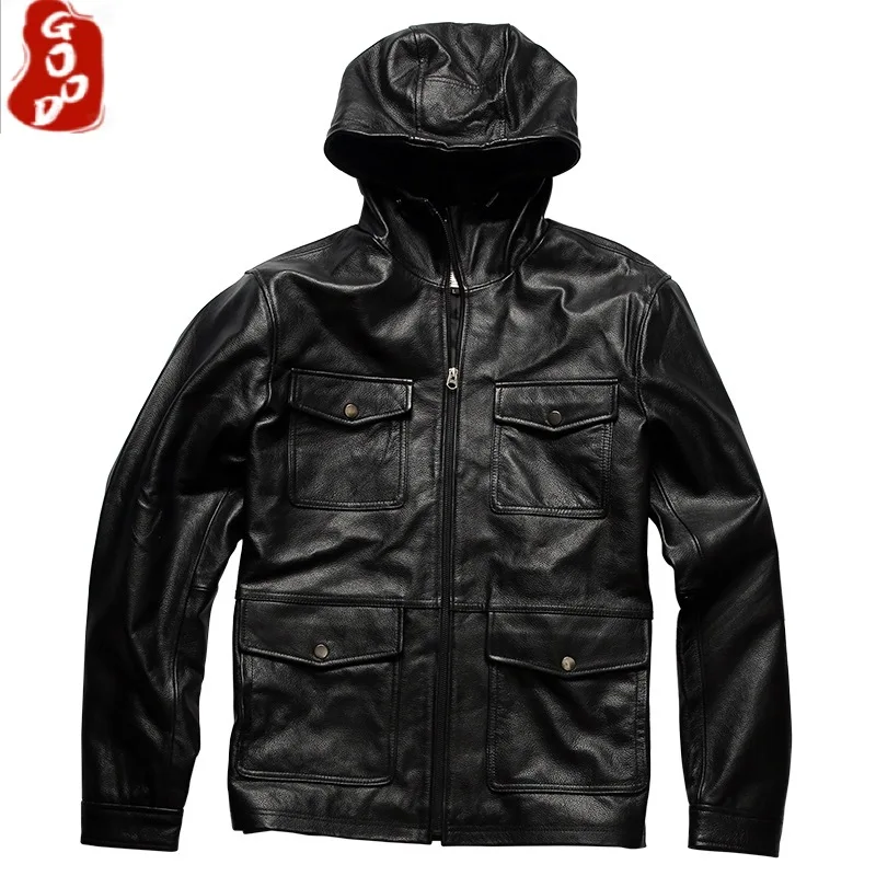 

100% Natural Genuine Leather Jacket Men Hooded Real Cow Coat Casual Biker Jacket for Men Spring Autumn 2021 Hommes Veste