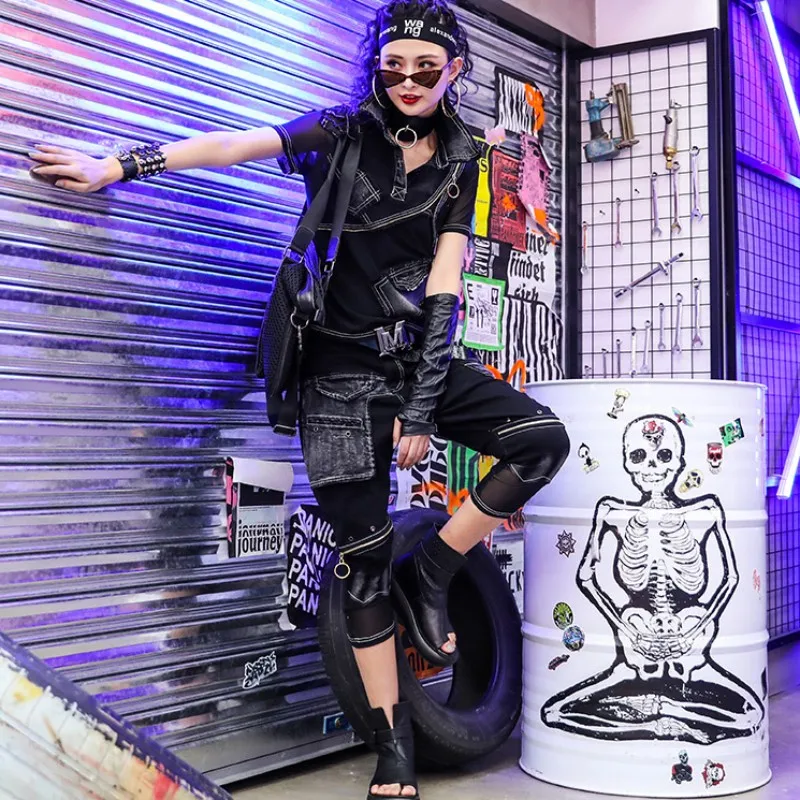 New High Street Women Two Piece Set Patchwork Denim Matching Sets Punk Style Zipper Harem Pants Short Sleeve Tops Summer Outfits