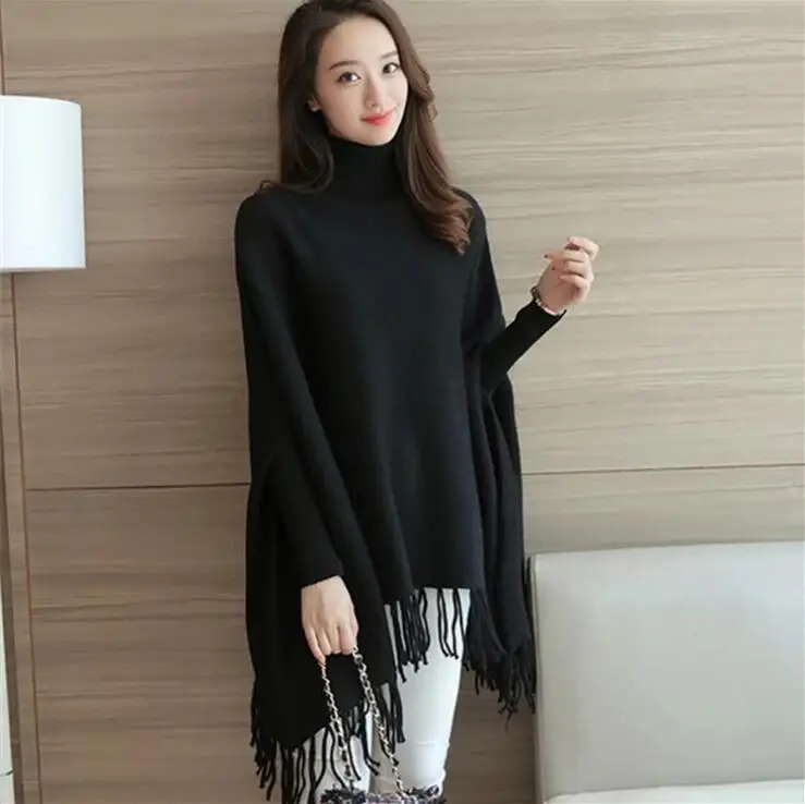 Maternity Sweater Womens Cloak Crochet Knit Batwing Wrap Fringe High Collar Tassels Poncho Cape Winter |