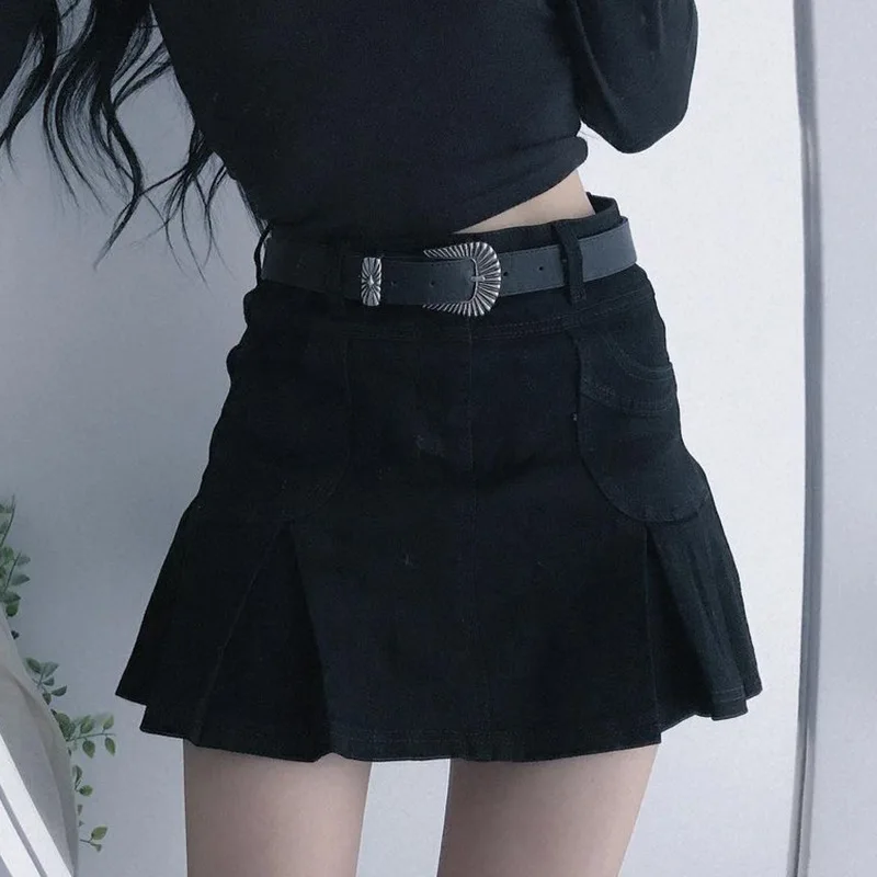 

Ins fashion personality trend spice girl high waist pure color denim pleated skirt skirt