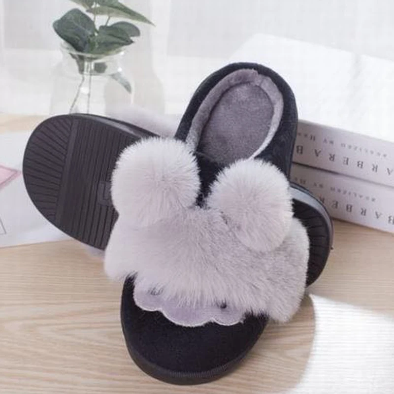 Женские тапочки с меховым помпоном пушистые домашние флисовой подкладкой