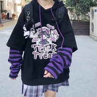 houzhou gothic hoodies women stripe patchwork harajuku graphic cartoon print sweatshirt japanese style balck kpop oversized tops
