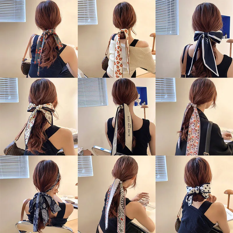 

New Women Headband Flower Print Ribbon Scrunchies Girl Hair Ring Girl Ponytail Chiffon Fabric Ribbon Hair Ties Elastic Hair Rope