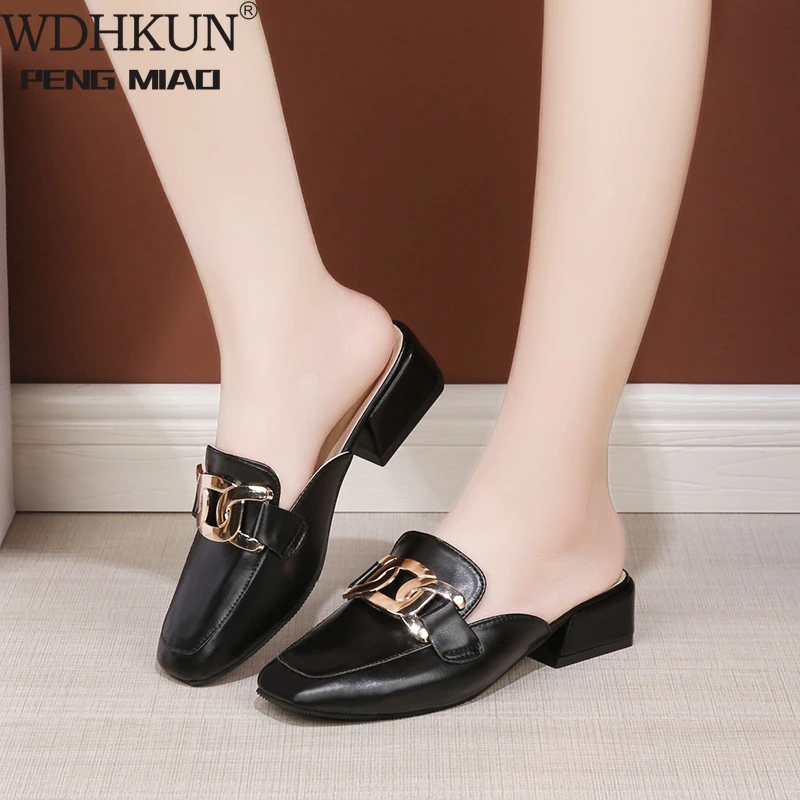 

2021 European and American New Style Ladies Muller Shoes Metal Decorative Flat Slippers Luxury Shoes Women Designers