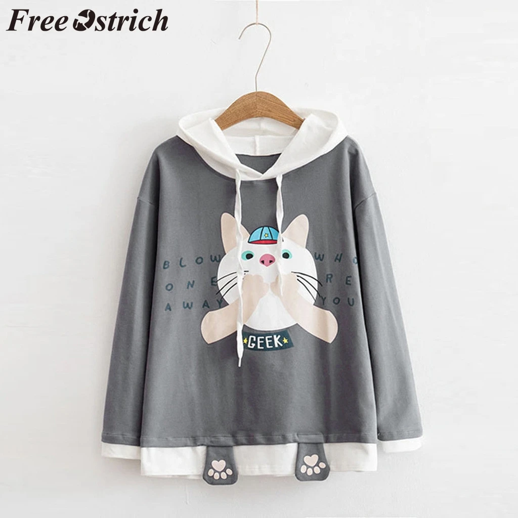 Женский свитер с капюшоном и принтом в виде кота из страуса популярный длинными