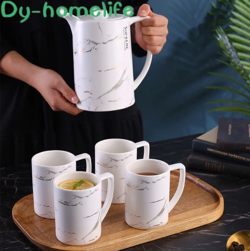 

European Wooden Tray Black and White Marble Ceramic Coffee Tea Set Restaurant Household Teapot Tea Cup Coffee Set Water Set