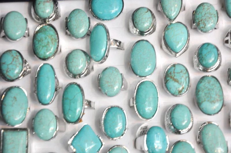 

20pcs/lot Vintage Retro Turquoises Rings Bohemian Silver Band Rings Party Wedding Wholesale Jewelry Кольца