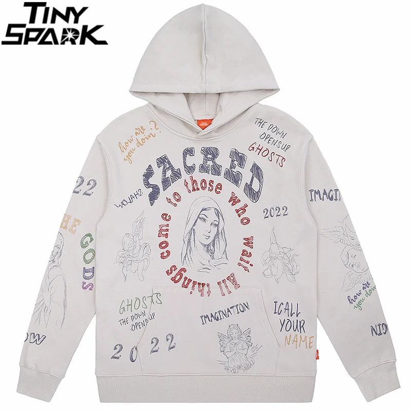 

Hip Hop Streetwear Harajuku Sweatshirt Hoodie Painting Letter Sacred Print Hooded Pullover 2021 Men Cotton Casual Sweatshirt