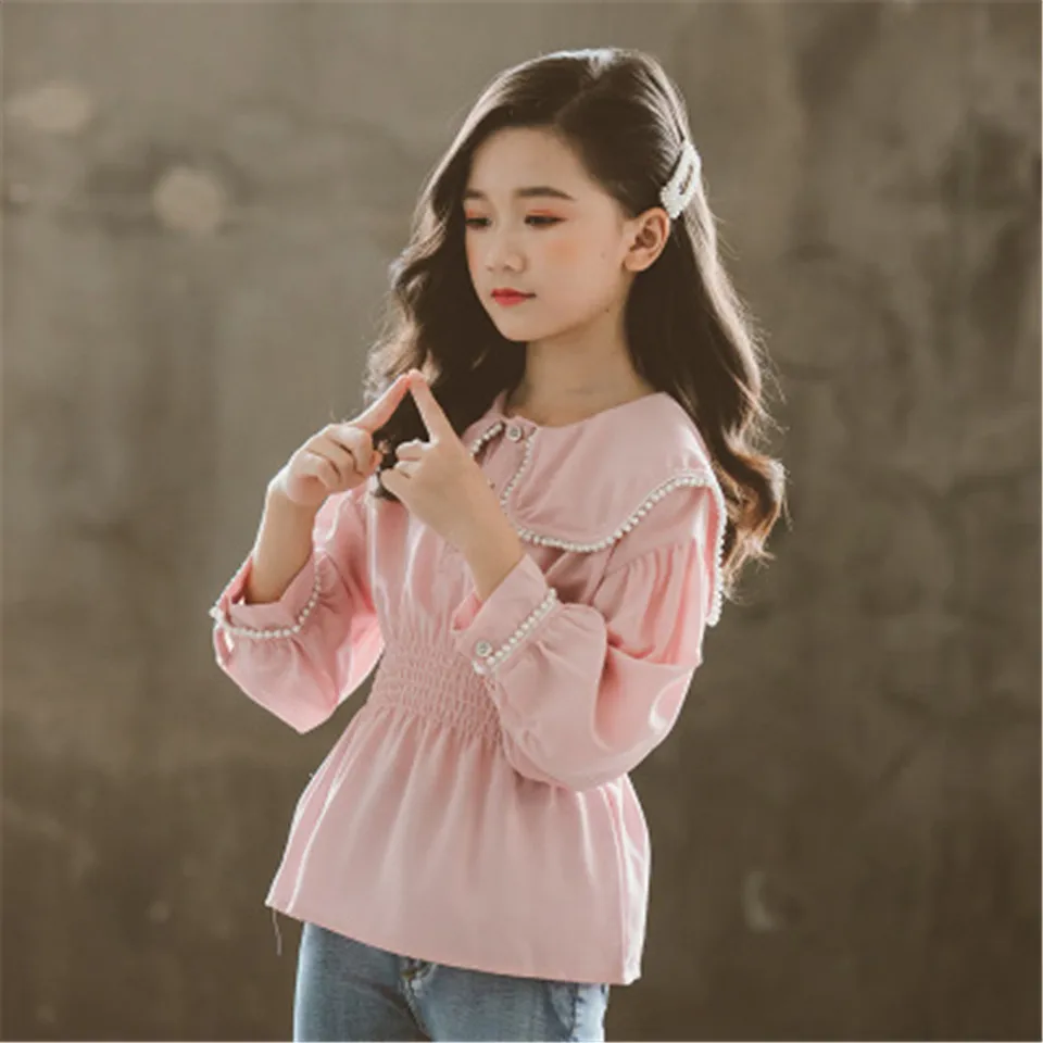 Детские блузки для девочек рубашка с длинными рукавами больших розовая