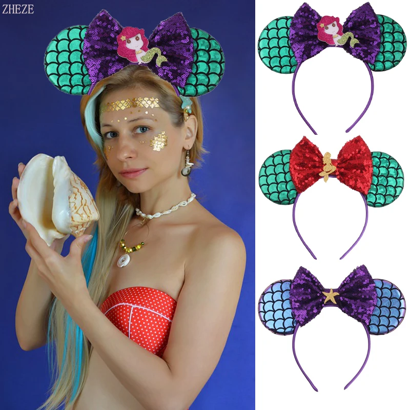 

10Pcs/Lot Chic Mouse Hairband Glitter Starfish Head Hoop Girls Kids 5" Hair Bow Mermaid Style Headband DIY Hair Accessories