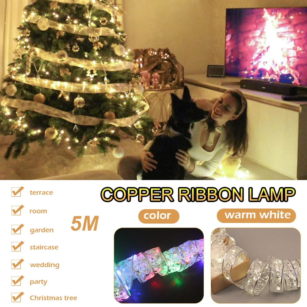 

5M LED Fairy Lights Strings Christmas Ribbon Bows With LED Christmas Tree Ornaments For Party Weddings Holiday Home Decor