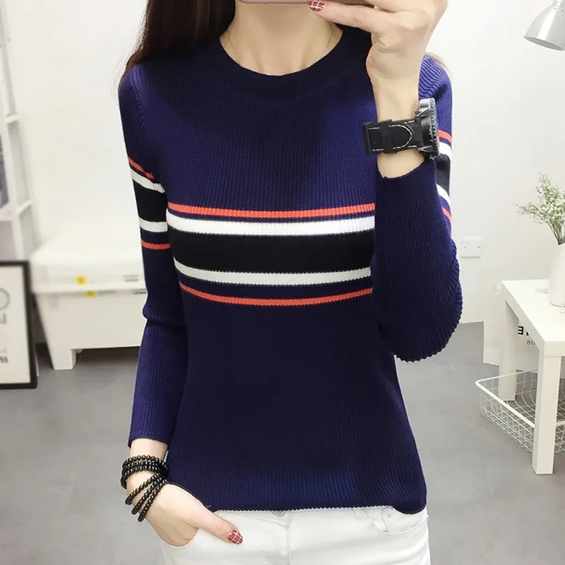 

Women Casual O Neck Long Sleeve Sweater Pullover Tops Femme Spring Autumn Female Striped Stitching Knit Sweater
