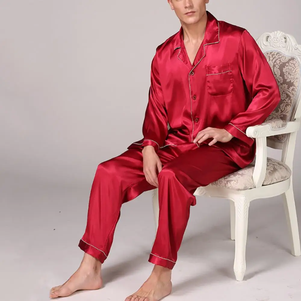 

2pcs/Set Mens Pajamas Set Autumn Imitation Silk Sleepwear Men Long Sleeve Shirts Top Long Pants Set Men Nightwear pijama hombre