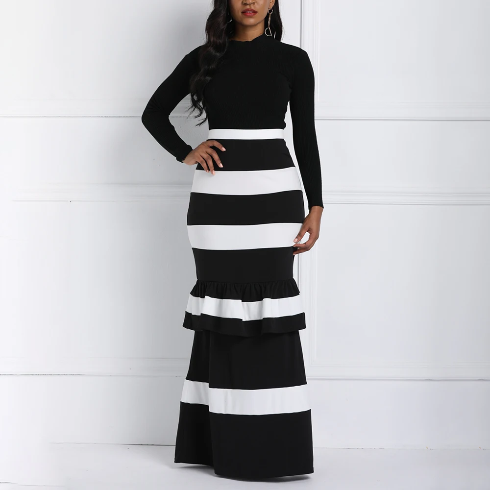 Женские Длинные Юбки Русалки с оборками в полоску цветными блоками винтажные на