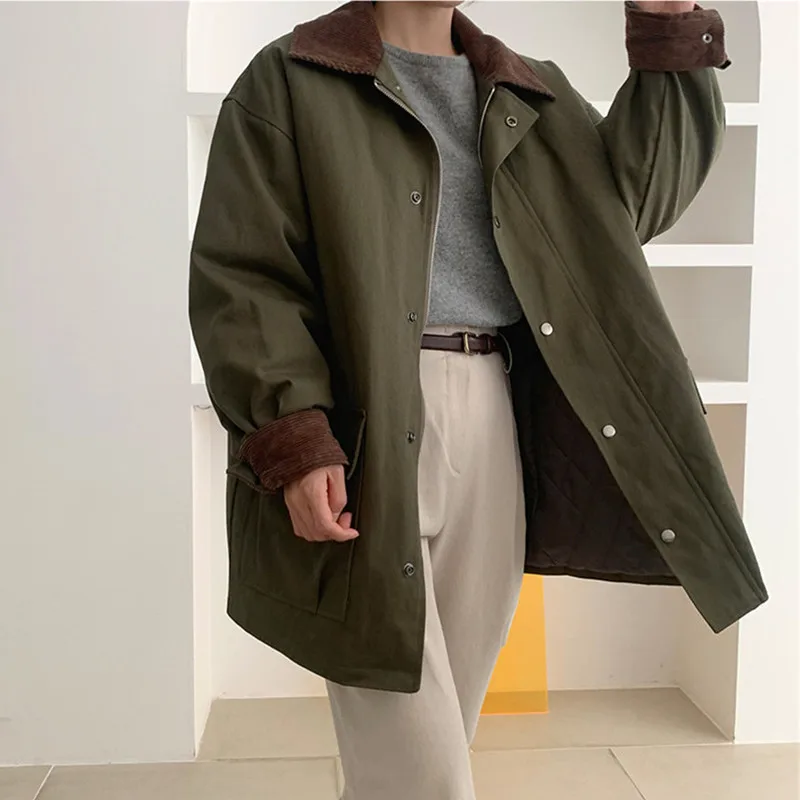 

2021 Winter Women's Autumn Jacket Army Green color matching square collar cotton padded casual jacket top Loose pocket jacket