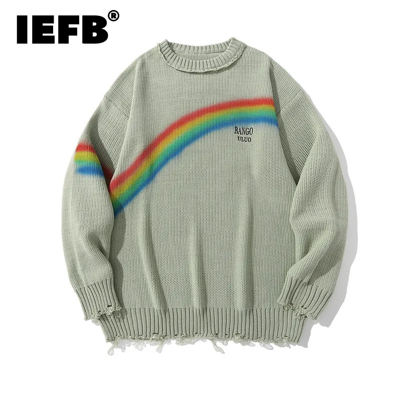 Вязаный свитер IEFB с радужным принтом граффити мужская Свободная трикотажная
