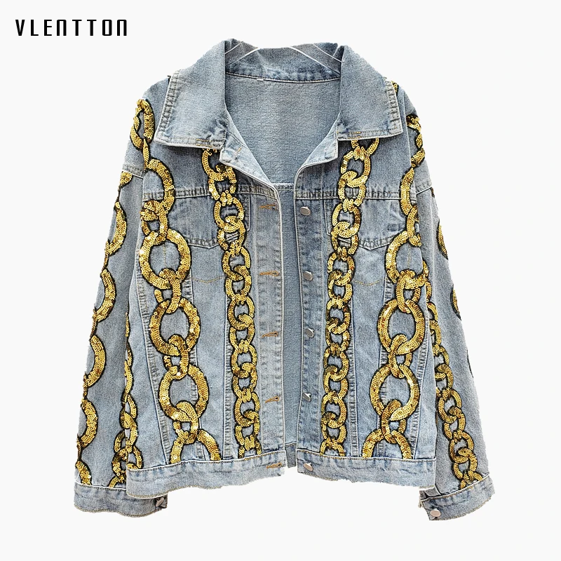 Весна Осень шикарная золотая цепочка с блестками Джинсовая куртка для женщин