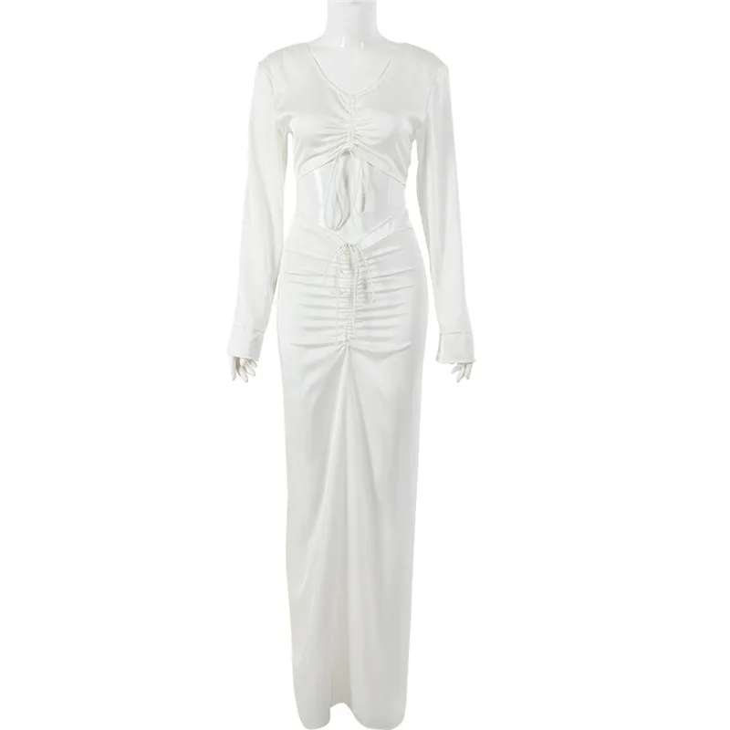 

2020 Winter Dress Women V Neck Long Sleeve Female Dresses Fashion Hollow Out Drawstring Bodycon Solid Maxi Dress Women Vestidos