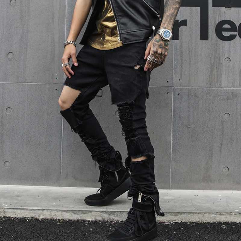 Рваные обтягивающие рваные джинсы мужские джинсовые брюки уличная хип хоп