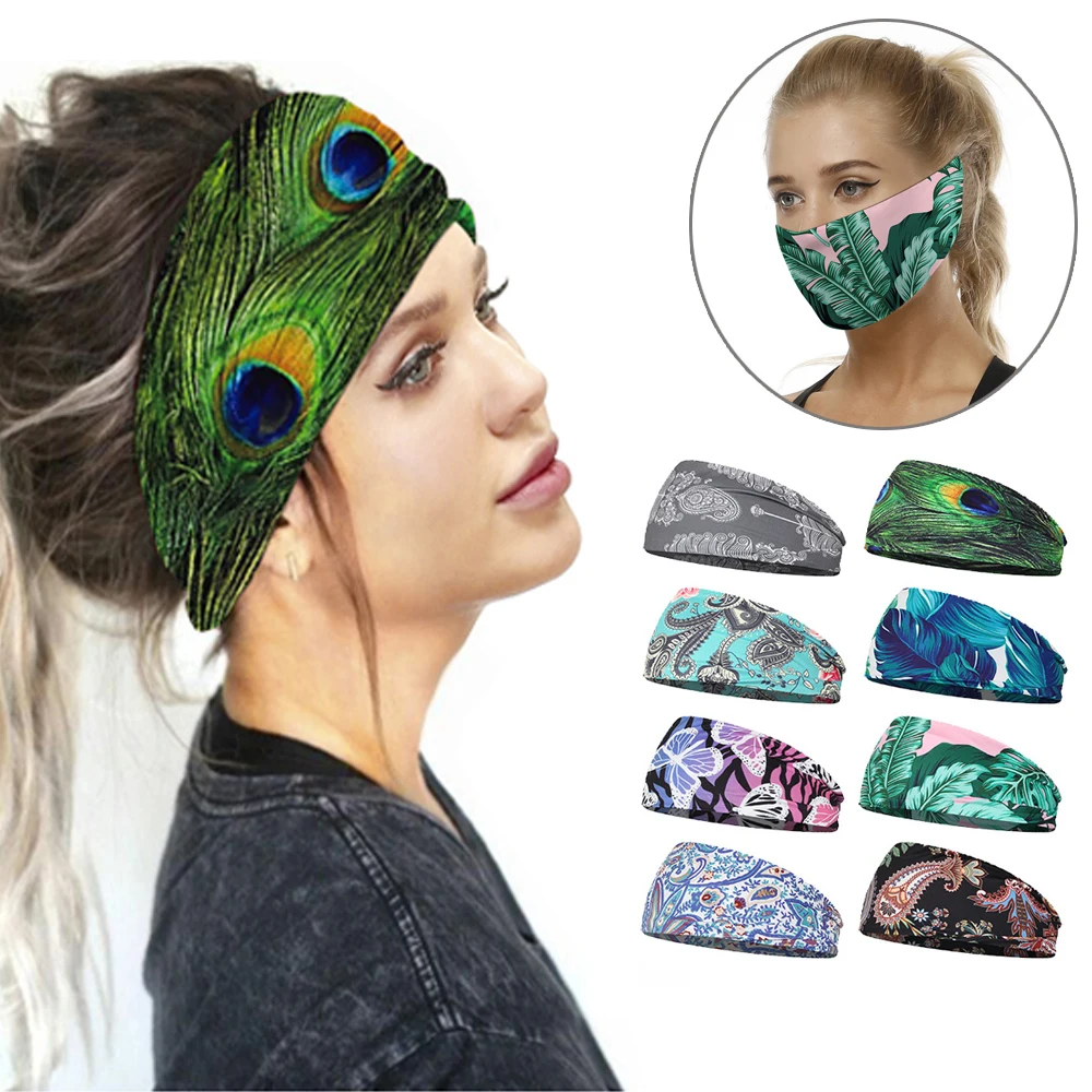 

1Pcs Fashion Peacock Feather Multifunctional Women Headbands Yoga Running Sports Elastic Non Slip Sweat Workout Hair Bands