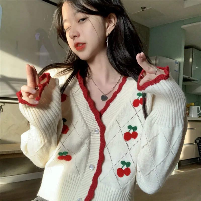 

Embroidered Cardigans Knit Wear Sweet Kawaii Puff Sleeve Short Mujer Chaqueta Autum Winter V Neck Cherry Sweaters Women Tops