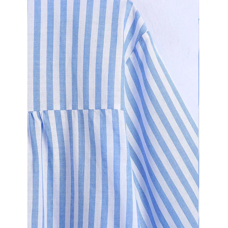 

ZA Women Summer Blouse 2021 Thin Single Breasted Causal Blue White Striped Shirt Long Sleeve Single-breasted Round Neck Shirt