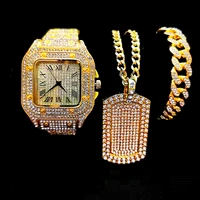 watch necklace bracelet for men 3pcs luxury iced out watch men bling cuban chains fashion jewelry square pendant mens gold watch